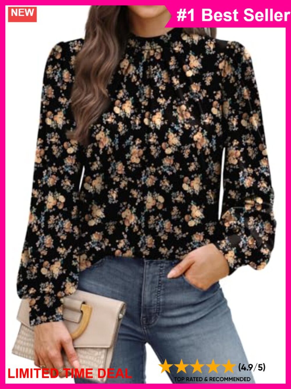 Womens Mock Neck Pleated Front Blouse Puffed Long Sleeve Business Casual Top